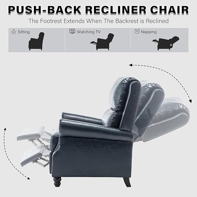 UIXE Pushback Recliner Chair, Faux Leather Armchair Overstuffed Accent Chair for Living Room, Rivet Trim Club Chair Home Theater Single Sofa Bedroom Side Reading Seat - Navy Blue