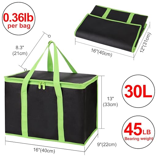 1-Pack Insulated Reusable Grocery Shopping Bag, X-Large, Black-Green | Insulated Food Delivery Bag, Commercial Catering Food Warmer, Tote Cooler Bag, Heavy Duty, Thermal/Frozen Food Storage Picnic