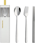 DEVICO Travel Utensils with Case, 4Pcs Korean Chopsticks Fork and Spoon Set | 18/8 Stainless Steel Portable Cutlery Set, Reusable Silverware for Lunch Box/Camping/Work/School, Dishwasher Safe, White