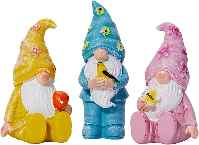 Artpaul 3 Pcs Gnomes Decorations Figurine Resin Statues,Cute Mushroom Bird Butterfly Gnomes for Home Table Shelf Gift Décor Accents (Multicolor)