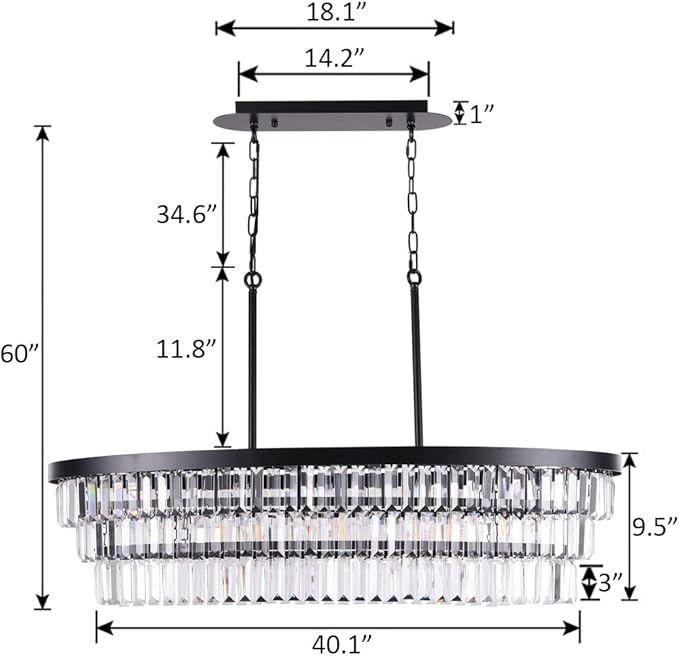 TOCHIC Chandelier 40 inch, Farmhouse Black Crystal Chandelier, Kitchen Island Lighting, Dining Room Light Fixture for High Ceiling, Modern Linear Oval Chandeliers for Living Room, Office Area, Bar