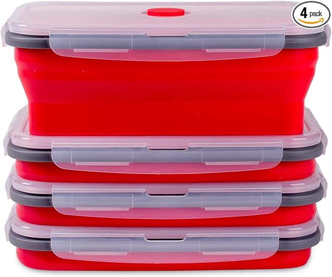 Collapsible Food Storage Containers with Airtight Lid & Air Vent, 40.5 oz, Kitchen Stacking Silicone Collapsible Meal Prep Container Set for Leftover, Microwave Freezer Dishwasher Safe, Red, Set of 4