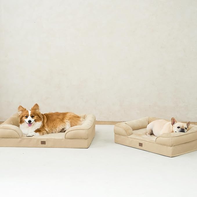 EHEYCIGA Orthopedic Dog Beds for Large Dogs, Waterproof Memory Foam Large Dog Bed with Sides, Non-Slip Bottom and Egg-Crate Foam Large Dog Couch Bed with Washable Removable Cover, Greige