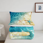 Ocean Comforter Set Queen Beach Bedding Coastal Nature Theme Pattern Teal Duvet Set Boys Girls Hawaiian Quilt Sets Sea Wave Animals Starfish Reversible Comforter Set 2 Pillowcases, Blue Room Decor