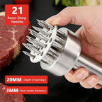 Stainless Steel Meat Tenderizer Tool, 21 Sharp Needles for Steak, Beef | Chicken Meat Tenderizer with Cleaning Brush and Seasoning Jars, Tenderizing for Chicken, Pork, Barbecue, Marinating Prep Tool