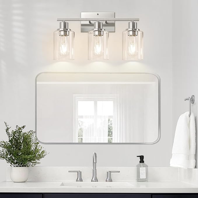 3-Light Bathroom Light Fixtures, Brushed Nickel Vanity Lights with Clear Glass Shades, Modern Bathroom Wall Lamp for Mirror Living Room Cabinet Bedroom Porch