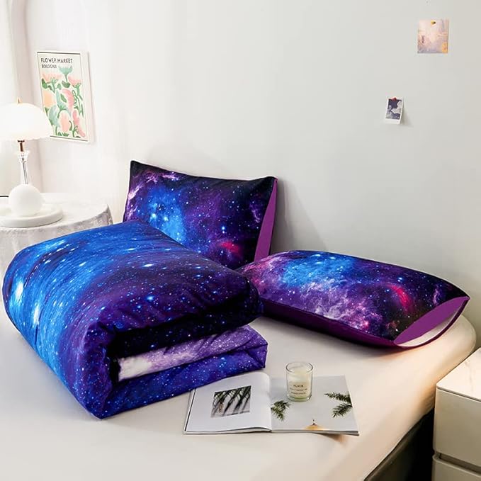 Full Size Comforter Sets for Girls 7PCS,Galaxy Bedding Sets,Bed Sets for Girls with Flat Sheet and Fitted Sheet,Pillowcases,Cushions,Purple Comforter Sets
