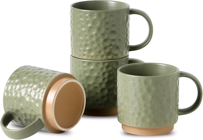 Nihow 16OZ Stackable Coffee Mug Set, Large Ceramic Coffee Mug Set of 4,Coffee Cup Set for Cappuccino/Latte/Cocoa,Dishwasher & Microwave Safe, Matte Green