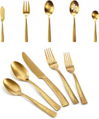 Silverware 45-Piece Matte Gold Hammered Flatware Set with Serving Utensils, Stainless Steel Thick Handle Matte Polished Cutlery Set for Wedding Hotel Restaurant, Service for 8