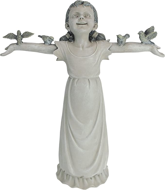 Design Toscano Basking in Glory Little Girl with Birds Outdoor Garden Statue, Medium, 16 inches tall, Cast Stone Resin, Two Tone Stone Finish