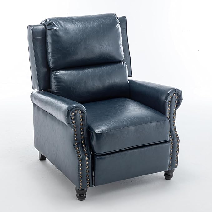 UIXE Pushback Recliner Chair, Faux Leather Armchair Overstuffed Accent Chair for Living Room, Rivet Trim Club Chair Home Theater Single Sofa Bedroom Side Reading Seat - Navy Blue