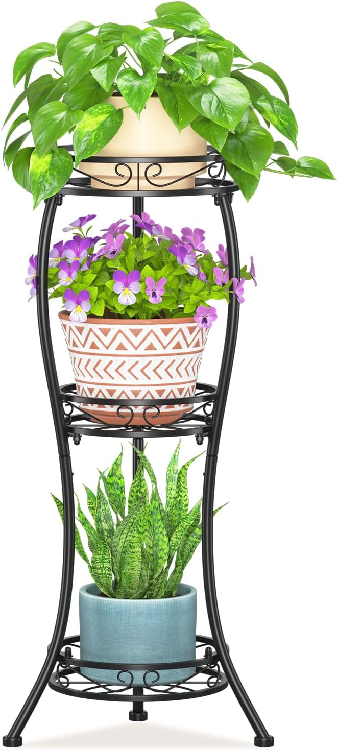 LASZOLA Black 3 Tier Tall Plant Stand for Indoor Outdoor, Large Multiple Level Flower Planter Holder Organizer Rack for Patio Office Bathroom Corner Floor, Sturdy Heavy Duty Metal, Vertical Display