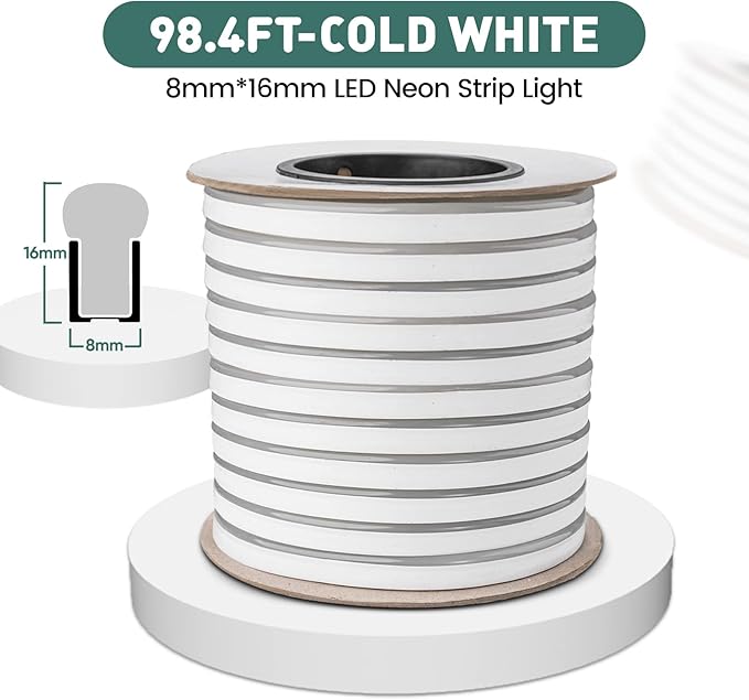GZBtech Flexible LED Neon Rope Lights 100FT,AC 110-120V Waterproof Strip Light, 120 LEDs/M Cuttable Connectable Neon Lighting for Indoor Outdoor Home Decor/Commercial Building Use-Cold White 30M