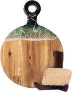 Acacia Wood Serving Board with Ocean Resin Art, 14.6" x 10.2" Charcuterie Cheese Tray for Display & Prep, Cutting Board on Back, Includes Stand & Loofah, Christmas Housewarming Gift (Round)