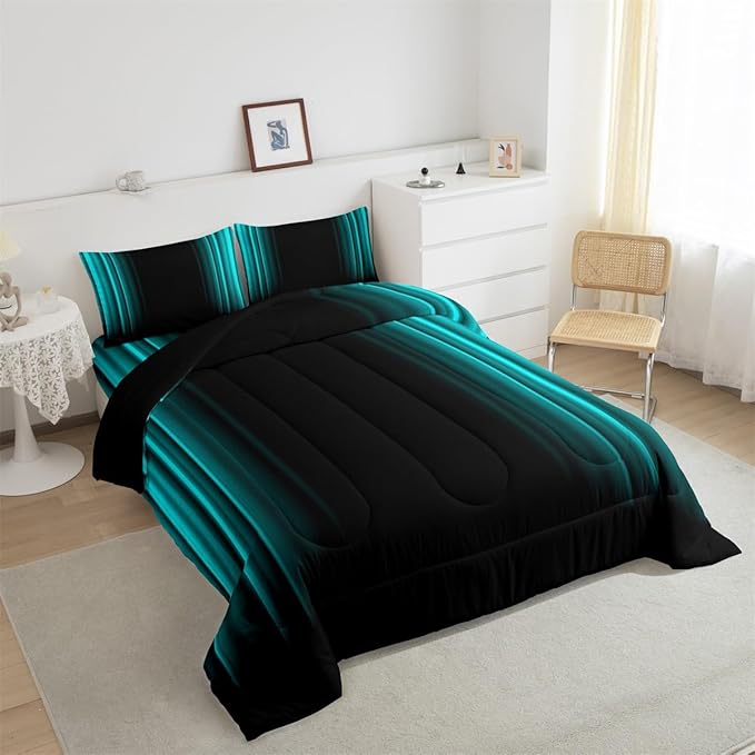 Geometric Abstract Ombre Comforter Set Kids Teens Teal and Black Striped Bedding Bed Set Decor Modern Fashion Comforter Inner Fill Bedroom Collection 3Pcs Queen Size