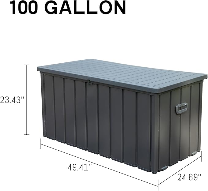 Domi Outdoor Deck Box 100 Gallon, Waterproof Lockable Steel Outdoor Storage Container with Resin Lid for Outside Cushions, Garden Tools and Pools Equipment (Gray)