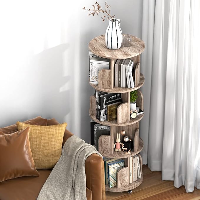 Nidouillet Rotating Bookshelf, 4 Tier Revolving Bookcase with Brake Wheels 360° Display Round Bookshelf Narrow Swivel Corner Book Shelf Standing Bookcase for Adult Bedroom, Living Room (Oak Grey)