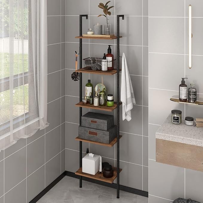 Industrial Bookshelf Wall Mounted 5-Tiers Ladder Shelf Wooden and Metal Narrow Thin Bookshelf Open Display Storage Rack for Living Room Bedroom Home Office (Rustic Brown, Small)