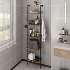 Industrial Bookshelf Wall Mounted 5-Tiers Ladder Shelf Wooden and Metal Narrow Thin Bookshelf Open Display Storage Rack for Living Room Bedroom Home Office (Rustic Brown, Small)