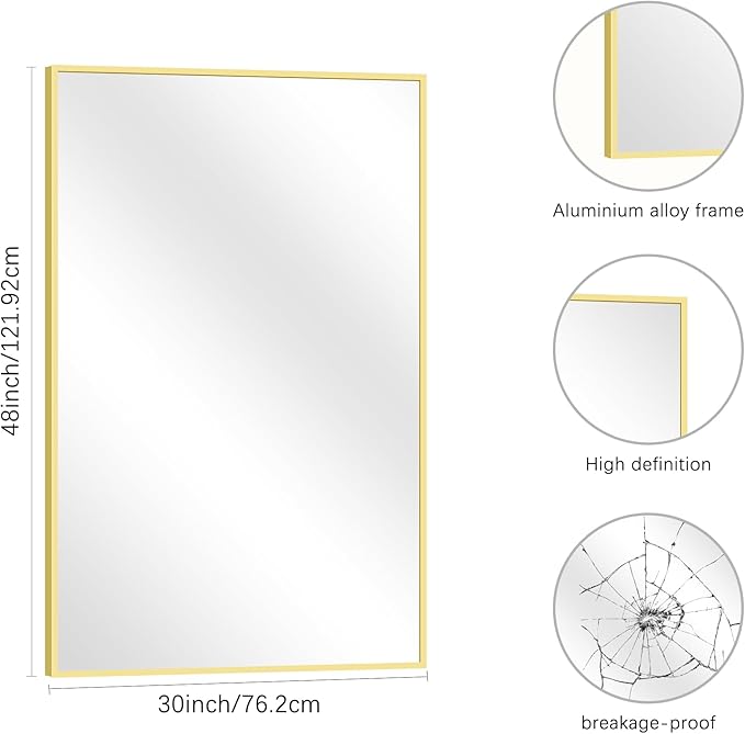 Gold Bathroom Mirror for Wall, 30x48 Inch Rectangle Mirrors with Metal Frame, Modern Vanity Wall Mirror Decor for Bathroom Living Room, Entryway Hangs Horizontal or Vertical
