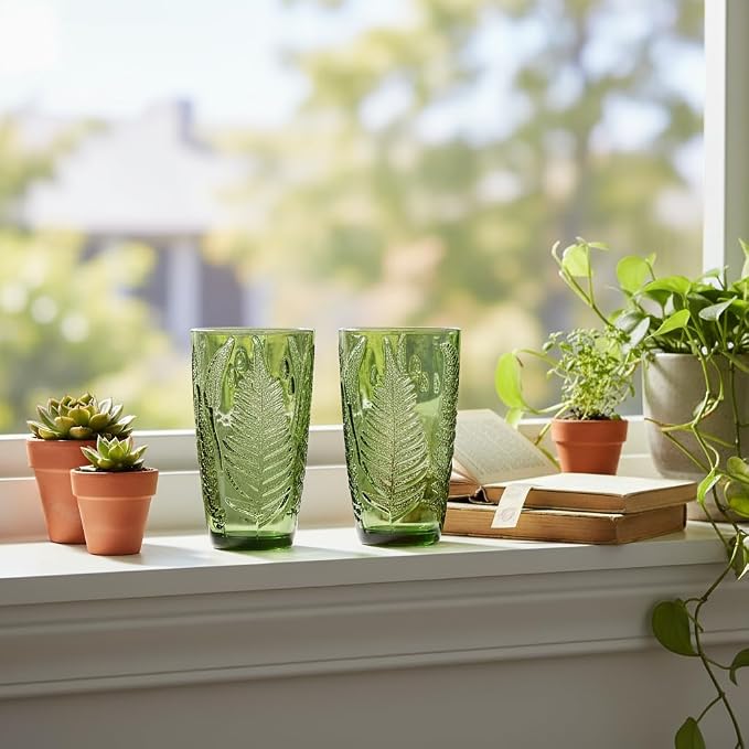 Green Drinking Glasses Set of 8, 16 oz Glass Cups, Vintage Fern Glassware | Hand-Pressed, Dishwasher Safe, Boho Leaf-Textured Drinkware, Colored Embossed Highball Tumblers for Water, Retro Kitchen Gift