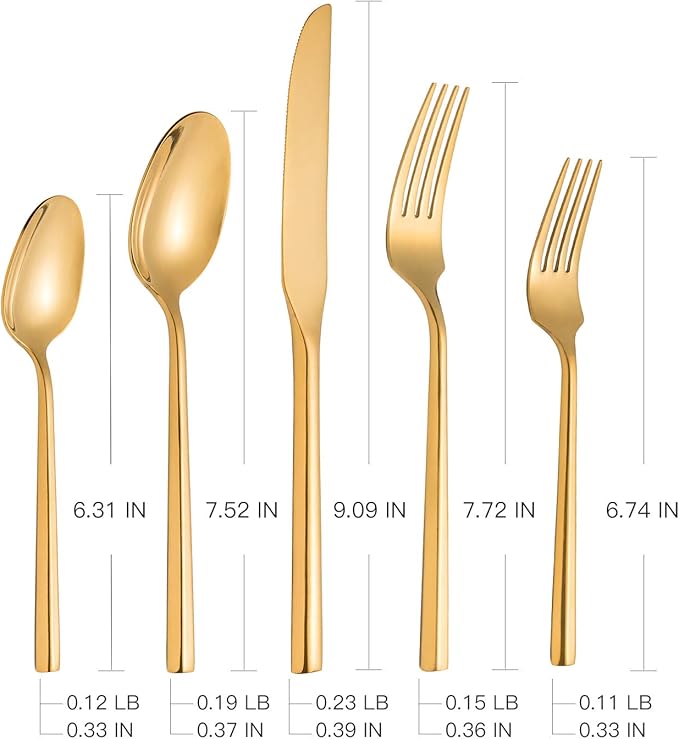 Silverware 45-Piece Gold Flatware Set with Serving Utensils Stainless Steel Thick Heavy Mirror Polished Cutlery Set for Wedding Hotel Restaurant, Service for 8