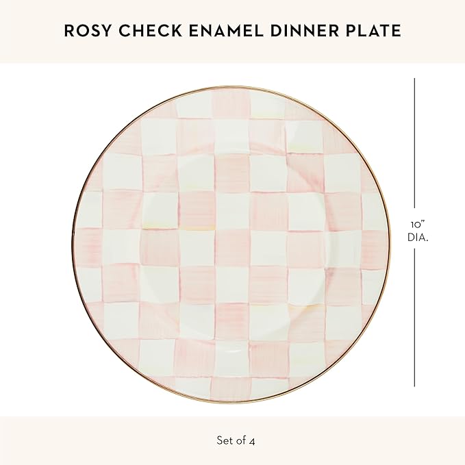 MACKENZIE-CHILDS Enamel Dinner Plate, Decorative Dinnerware Plate, 10 Inches, Set of 4, Pink-and-White Rosy Check