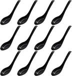 12 Pcs Soup Spoons Long Handle with Hook, Black | Asian Soup Spoons, For Chinese Japanese Dishes, Miso Ramen Dumpling Pho, Rice Noodle & Soba Soup