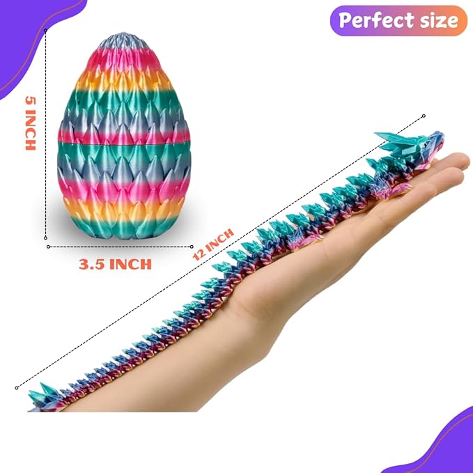 3D Printed 12” Articulated Crystal Dragon Inside 5.1” Egg – Fantasy Collectible, Fidget Toy & Stocking Easter Basket Stuffers for Home & Office Decor (Rainbow)