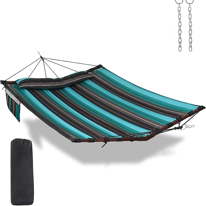 TegerDeger 12FT 2 Person Hammock Large Hammock 450LB Capacity with V Shaped Hardwood Spreader Bar & Nylon Rope for Outside, Patio, Garden, Backyard, Beach, Poolside - Teal Stripes
