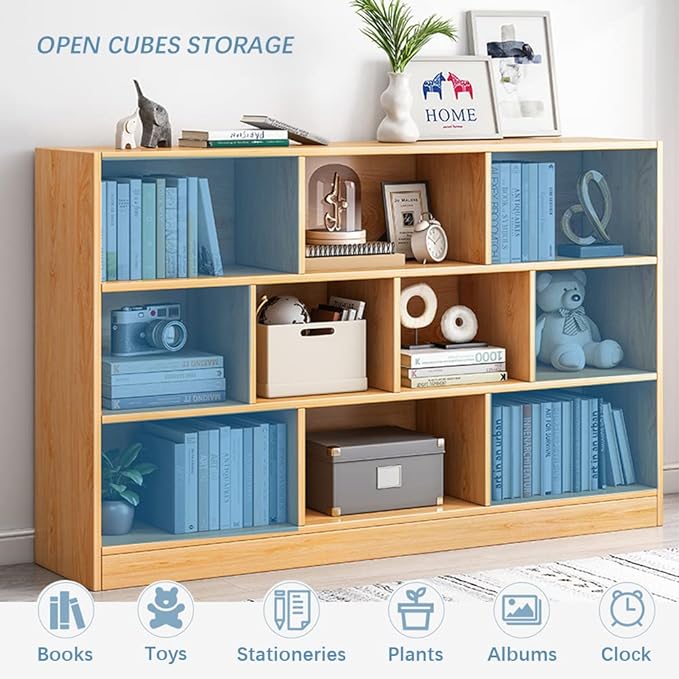 IOTXY Open Shelf Low Bookcase - Wooden 3-Tier Floor Standing Display Cabinet Organizer with Base, 10 Cubes Short Horizontal Bookshelf in Warm White