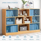 IOTXY Open Shelf Low Bookcase - Wooden 3-Tier Floor Standing Display Cabinet Organizer with Base, 8 Cubes Short Horizontal Bookshelf in Warm White