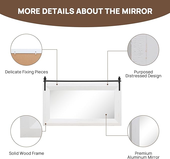 ALBAD Farmhouse Mirror for Wall Decor Wood Framed Bathroom Vanity Mirrors Vertical/Horizontal Hanging Barn Door Style Mirror for Living Room Bathroom Bedroom Entryway White