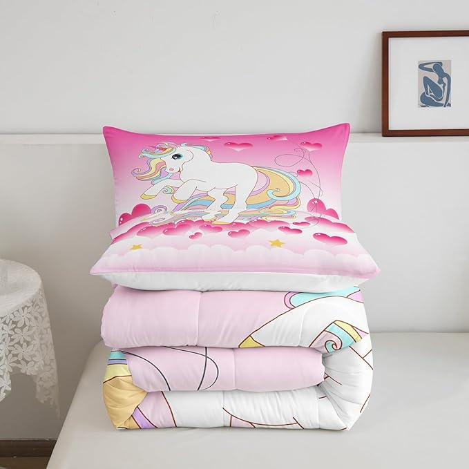 Girls Unicorn Comforter Set Full Girly Fantasy Rainbow Unicorn Bedding Set for Kids Little Girls, Pink Love Heart Duvet Sets Dreamy Horse Cartoon Magical Animal Down Comforter with 2 Pillowcases