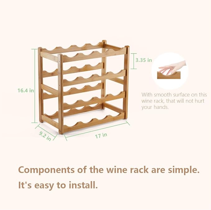 Bamboo Wine Rack, Sturdy and Durable Countertop Wine Storage Cabinet Shelf for Pantry - 4 Tiers 16 Bottle Wine Rack