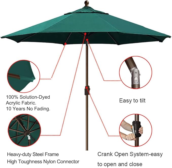 EliteShade USA 10-Year-Non-Fading 9Ft Market Umbrella Patio Umbrella Outdoor Table Umbrella with Ventilation, Forest Green