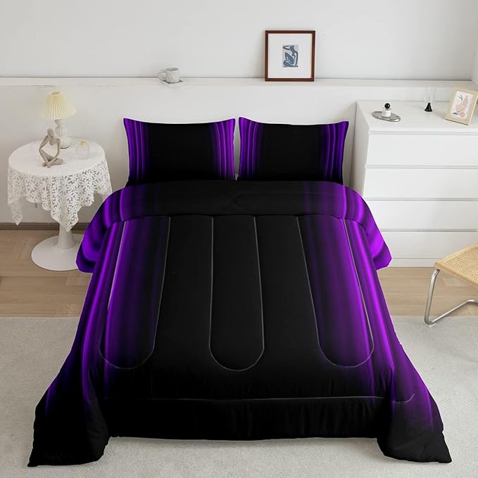 Geometric Abstract Ombre Comforter Set Kids Teens Purple and Black Striped Bedding Bed Set Decor Modern Fashion Comforter Inner Fill Bedroom Collection 3Pcs King Size