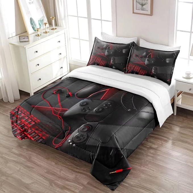 Gaming Comforter for Boys Teens,Game Bedding Sets Full,Kids Gamer Comforter Set,Video Game Bedroom Decor,Gamepad Controller Duvet Insert All Season 3 Piece 1 Comforter and 2 Pillowcases