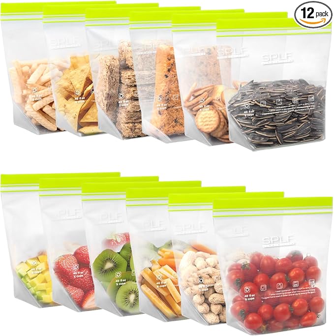SPLF 12 Pack Reusable Sandwich Bags Dishwasher Microwave Safe | BPA Free Extra Thick Leakproof Reusable Freezer Bags, Silicone Free Containers for Meal Prep, Fridge Kitchen Organization