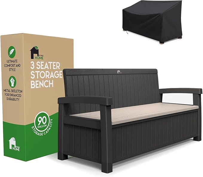 EconoHome 3 Seat Outdoor Storage Bench with Rain Cover - 90 Gallon Capacity - Weatherproof Resin Bench for Patio, Porch, Garden, Yard, Pool Area - Furniture for Pool Accessories, Gardening Tools