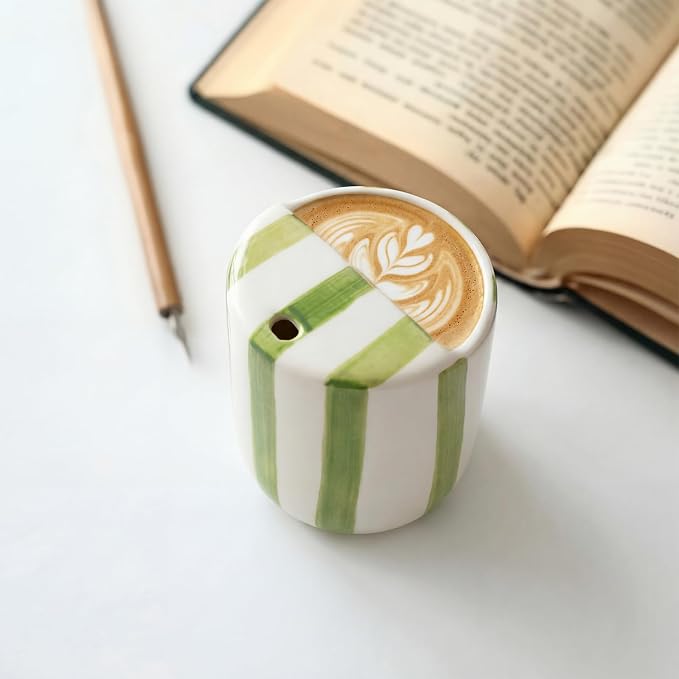 Ceramic Mug with Sip Hole 10 oz Novelty Green Striped Ceramic Coffee Mug Hand Painted Travel Mugs Heat Resistant Non Slip Built in One Lid Handcraft Mugs for Coffee Lovers Appreciation Gift