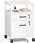 SUPERJARE File Cabinet with Lock & Charging Station, 2 Drawers Rolling Filing Cabinet, Office File Cabinet with Wheels & Open Shelf, for Home Office, A4/Letter Size Files - White