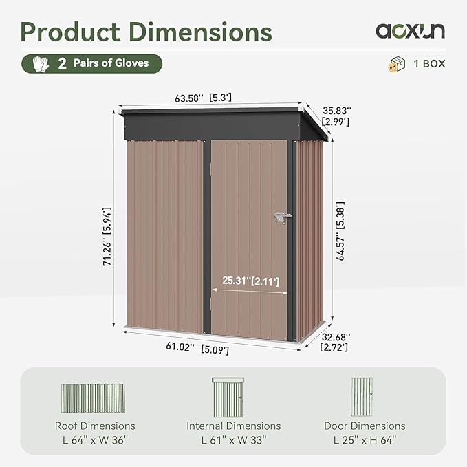 Aoxun 5x3 ft Galvanized Metal Outdoor Storage Shed with Base Slanted Roof Tool House with Stainless Latch & Base Frame Durable Weather-Resistant Garden Shed for Patio, Brown