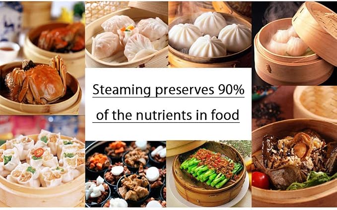 2-Tier Kitchen Bamboo Steamer with Stainless Steel Rings for Asian Cooking | Sauce Dish & 2-Chopsticks & 2 Liners | Buns Dumplings Vegetables Fish Rice