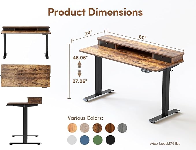BANTI 60x24 Inch Electric Standing Desk with Double Drawers, Adjustable Height Stand Up Desk, Sit Stand Home Office Desk with Storage Shelf, Rustic Brown Top