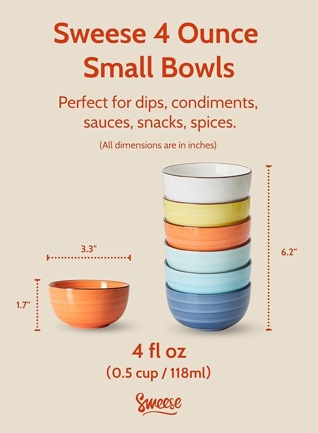 Sweese 4 Oz Porcelain Bowls Set - 6 Mini Dip Bowls, Multicolor, Dishwasher, Microwave Safe
