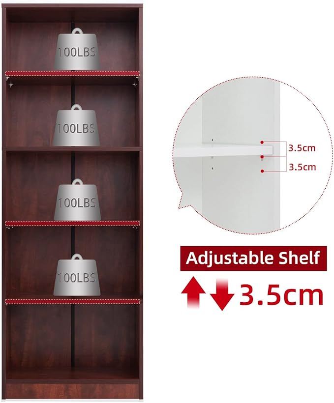 5 Shelf Wood Bookcase Freestanding Display Shelf Adjustable Layers Bookshelf for Home Office Library Small Narrow Space(Cherry, 5-Layers,24.4W x 11.6D x 68.9H inch)