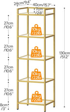 HOOBRO 5-Tier Gold Bookcase, Tempered Glass Bookshelves, Slim Shelving Unit for Living Room, Narrow Bookshelf for Small Spaces, Storage Rack Display Shelf for Home Office, Gold GD45SJ01