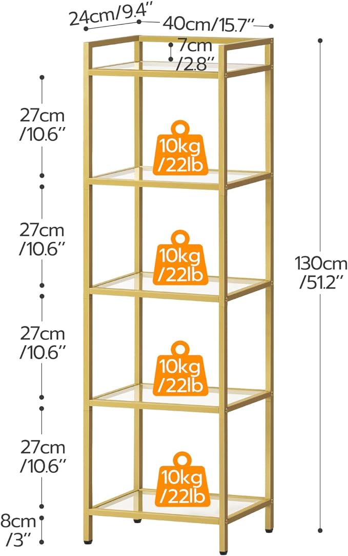 HOOBRO 5-Tier Gold Bookcase, Tempered Glass Bookshelves, Slim Shelving Unit for Living Room, Narrow Bookshelf for Small Spaces, Storage Rack Display Shelf for Home Office, Gold GD45SJ01