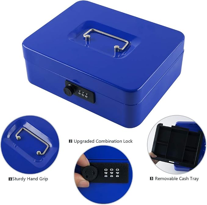 KYODOLED Large Cash Box with Combination Lock,Safe Metal Box for Money, Storage Lock Box with Money Tray,9.84"x 7.87"x 3.54" Blue Large